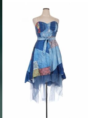 Patchwork Blue Strapless Hi-Low Dress with Tulle Underlay